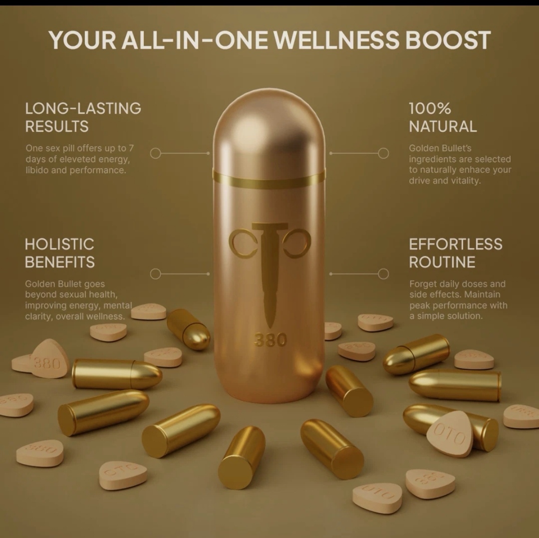 Golden Bullet 380 capsule photographed against a light background with fine orbit lines